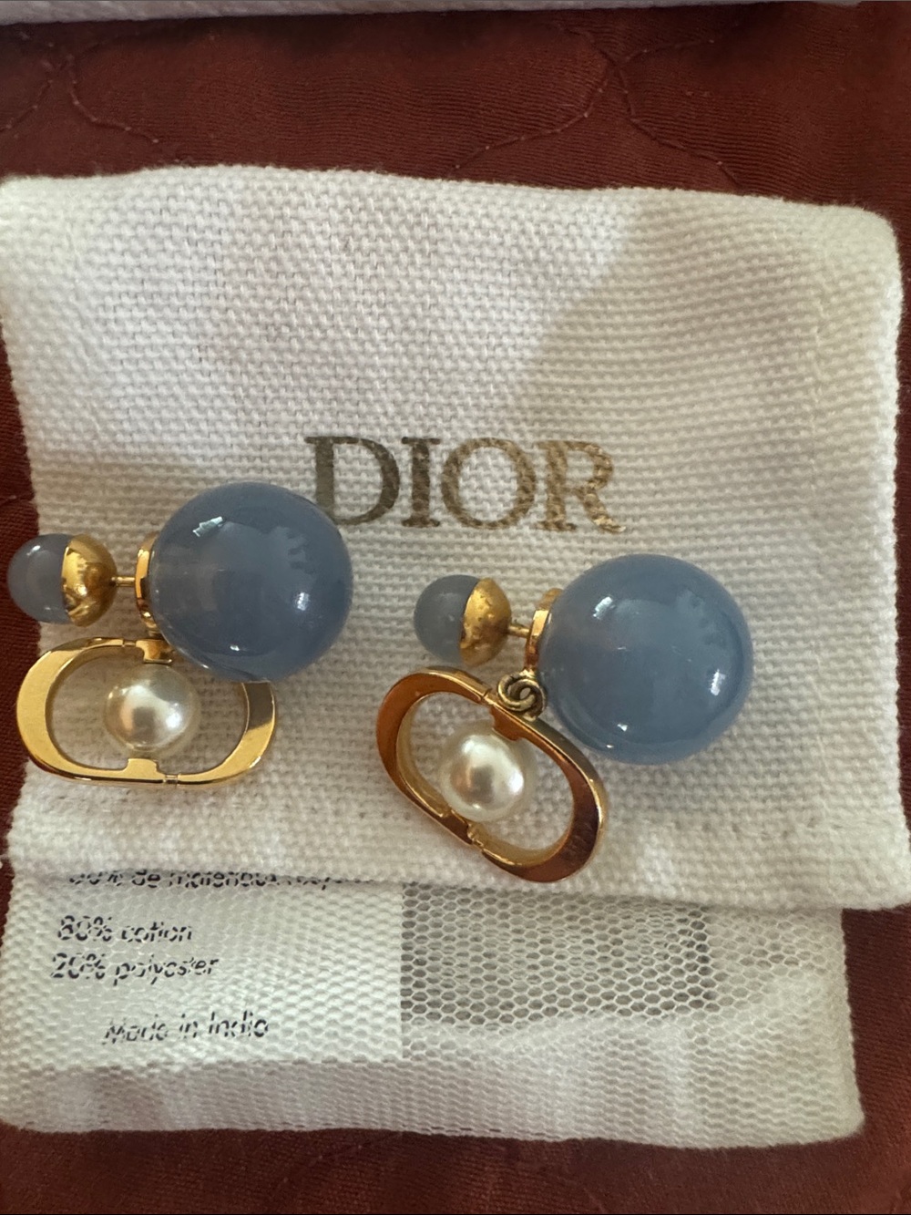 Dior Sky Blue and Gold Pearl Drop Clip-On Earrings